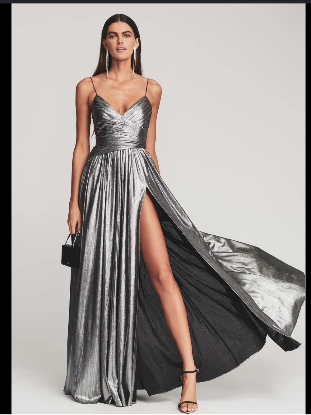Retrofete Metallic Silver Plissé Gown with High Slit